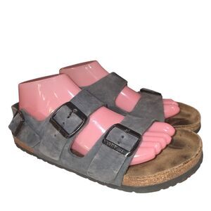 BIRKENSTOCK ARIZONA 9L 7M Blue Distressed Leather Triple Buckle Summer Sandals